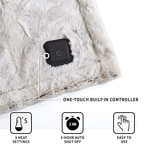 Beautyrest Zuri Reversible Faux Fur to Mink Electric Blanket, Auto Shut Off, Virtually Zero EMF, Multi Heat Setting, UL Certified, Machine Washable, Snow Leopard Throw 50x64