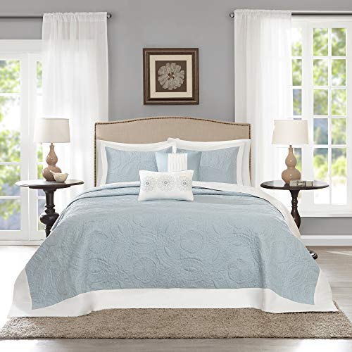 Madison Park Bedspread Set - Luxury Textured Quilt, All Season, Large Lightweight Coverlet, Cozy Bedding, Matching Shams, Medallion Blue, Oversized Queen (102 in x 118 in)