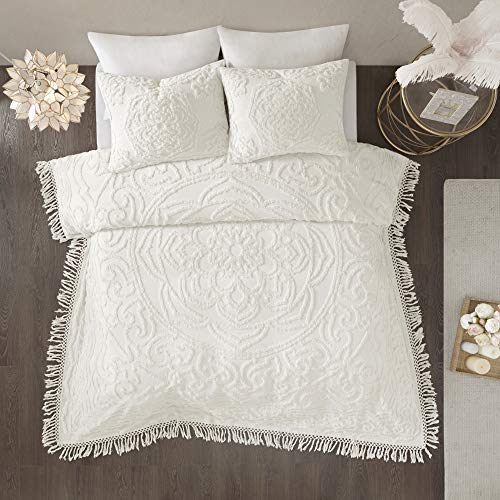 Madison Park Laetitia Coverlet Reversible 100% Cotton Chenille Floral Medallion Tufted Fringe Tassel Soft All Season Light-Weight Woven Bedding-Set, Full/Queen, Flower Embroidery Ivory