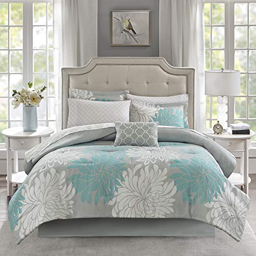 Madison Park Essentials Maible Cozy Bed in A Bag Comforter with Complete Cotton Sheet Set-Floral Medallion Damask Design All Season Cover, Decorative Pillow, Full (78 in x 86 in), Aqua/Gray