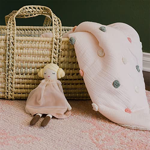 Crane Baby Blanket, Soft Cotton Pom Pom Nursery and Stroller Blanket for Boys and Girls, Light Pink, 36” x 36” (BC-100BL-1)