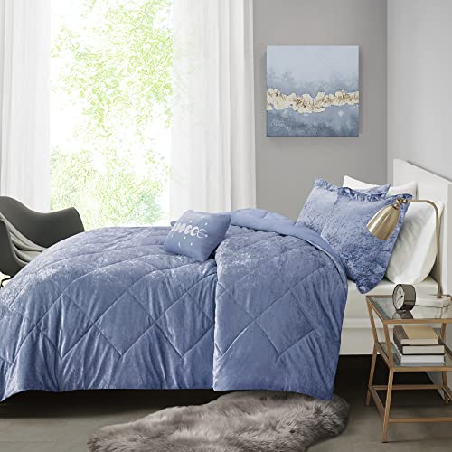 Intelligent Design Felicia Luxe Comforter Velvet Lush Double Sided Diamond Quilting Modern All Season Bedding Set with Matching Sham, Decorative Pillow King/Cal King(104"x90") Blue 4 Piece