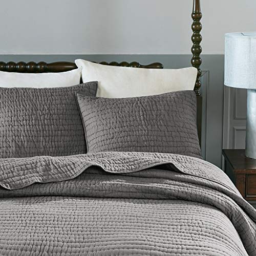 MADISON PARK SIGNATURE Serene Full/Queen Size Quilt Bedding Set - Grey, Quilted – 3 Piece Bedding Quilt Coverlets – 100% Cotton Voile Bed Quilts Quilted Coverlet