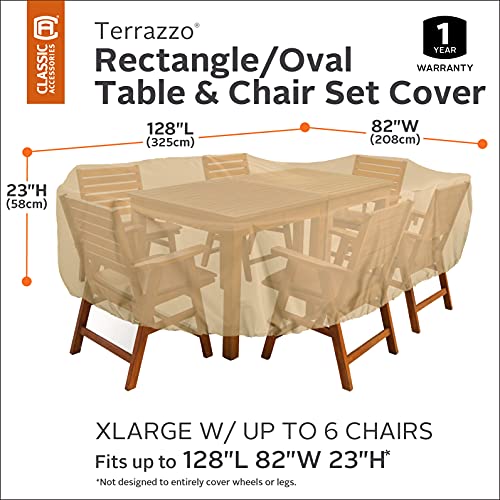 Classic Accessories Terrazzo Water-Resistant 128 Inch Rectangular/Oval Patio Table & Chair Set Cover, Outdoor Table and Chair Cover
