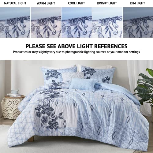 Madison Park Sadie 100% Cotton Comforter Set, Shabby Chic Bottanical Design, Cozy, All Season Breathable Bedding, Matching Shams, Decorative Pillows, King (104 in x 92 in), Floral Blue 5 Piece