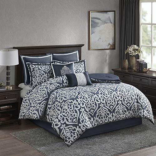 Madison Park Odette Comforter Set Jacquard Damask Medallion Design - All Season Down Alternative Bedding, Matching Shams, Bedskirt, Decorative Pillows, Navy Queen(90"x90") 8 Piece