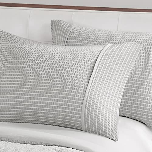 Beautyrest Apollo Oversized Comforter Set - Cationic Dye Seersucker Striped Bed Cover Design, Modern Down Alternative, All Season Bedding with Matching Shams, Full/Queen(92"x94") Grey 3 Piece