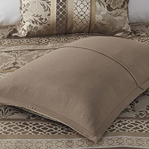 Madison Park Cozy Comforter Set - Luxurious Jaquard Traditional Damask Design, All Season Down Alternative Bedding with Matching Shams, Decorative Pillow Bellagio Brown/Gold Cal King(104"x92") 7 Piece