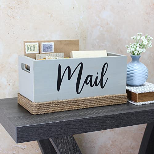 Elegant Designs HG2036-GRY Homewood Farmhouse Rustic Wood Decorative Mail Holder, Bills, Letter Storage, Sorter w Wrapped Rope, Cutout Handles w Mail Black Script for Décor, Desk, Office, Gray