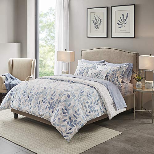Madison Park Essentials Sofia Bed in a Bag Reversible Comforter with Complete Sheet Set - Modern Botanical Print All Season Cover, Shams, Decorative Pillow, King(104"x92"), Blue 8 Piece
