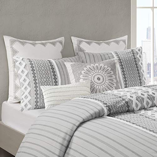 100% Cotton Duvet Mid Century Modern Design, All Season Comforter Cover Bedding Set, Matching Shams, Full/Queen(88"x92"), Imani, Gray Chenille Tufted Accent 3 Piece