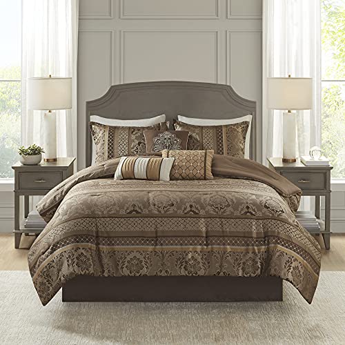 Madison Park Cozy Comforter Set - Luxurious Jaquard Traditional Damask Design, All Season Down Alternative Bedding with Matching Shams, Decorative Pillow Bellagio Brown/Gold Cal King(104"x92") 7 Piece