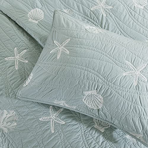 Harbor House Cotton Quilt Set - Modern Luxury Stitching Design, All Season, Lightweight Coverlet Bedspread Bedding, Shams, Queen(90"x90"), Seafoam 4 Piece