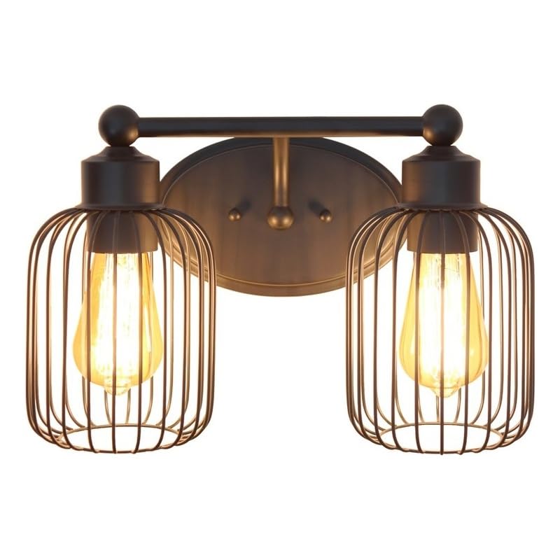 Lalia Home Ironhouse Two Light Industrial Decorative Cage Vanity Uplight Downlight Wall Mounted Fixture for Home Décor, Bathroom, Entryway, Hallway