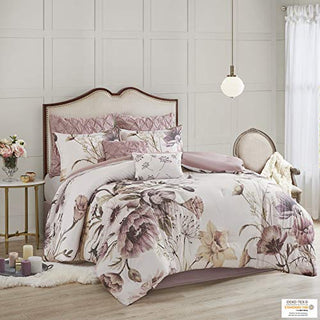 Madison Park Cotton Comforter Set Contemporary Floral Design - All Season Bedding Set, Matching Bed Skirt