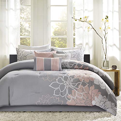 Madison Park Lola Sateen Cotton Comforter Set-Casual Medallion Floral Design All Season Down Alternative Bedding, Shams, Bedskirt, Decorative Pillows, King (104"x92"), Grey/Blush, 7 Piece