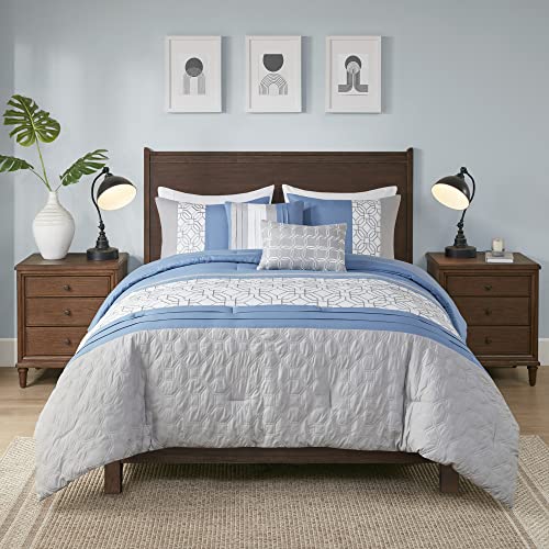 510 DESIGN Cozy Comforter Set - Geometric Honeycomb Design, All Season Down Alternative Casual Bedding with Matching Shams, Decorative Pillows, Full/Queen(90"x90"), Donnell, Blue 5 Piece