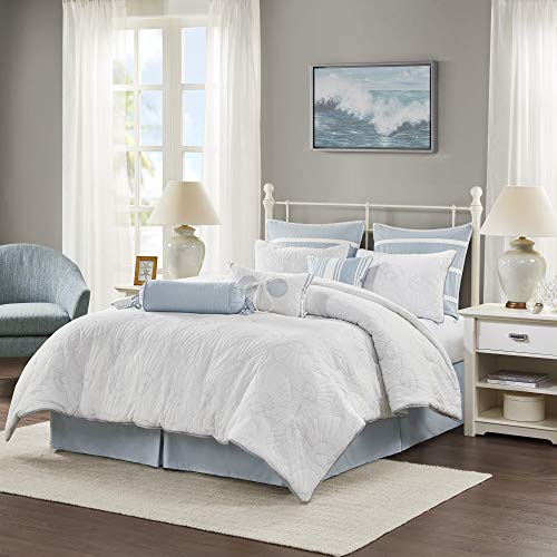 Harbor House Cotton Comforter Set-Coastal Oceanic Sealife Design All Season Down Alternative Bedding with Matching Shams, Bedskirt, Queen(92"x96"), Beach, Quilted Seashell White, 4 Piece