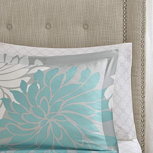 Madison Park Essentials Maible Cozy Bed in A Bag Comforter with Complete Cotton Sheet Set-Floral Medallion Damask Design All Season Cover, Decorative Pillow, Queen (90 in x 90 in), Aqua/Gray
