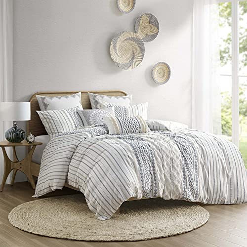 INK+IVY Imani 100% Cotton Farmhouse Comforter Mid Century Modern Design Chenille Tufted All Season Bedding Set, Matching Shams, King/Cal King Geometric Prints Navy 3 Piece