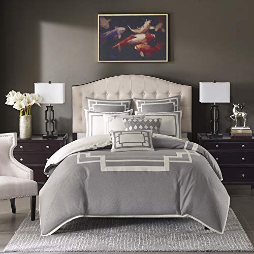 Madison Park Signature Savoy King Size Bed Comforter Duvet 2-in-1 Set Bed in A Bag - Grey , Geometric – 9 Piece Bedding Sets – Ultra Soft Microfiber Bedroom Comforters