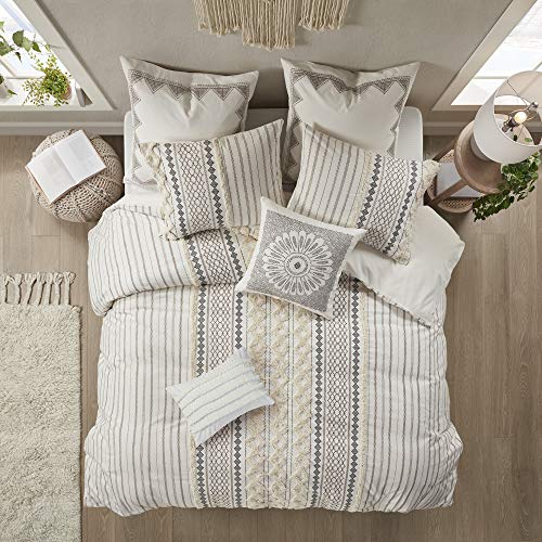 100% Cotton Comforter Mid Century Modern Design All Season Bedding Set, Matching Shams, Full/Queen(88"x92"), Imani, Ivory Chenille Tufted Accent 3 Piece
