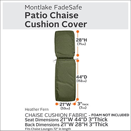 Classic Accessories Montlake FadeSafe Water-Resistant 72 x 21 x 3 Inch Outdoor Chaise Lounge Cushion Slip Cover, Patio Furniture Cushion Cover, Heather Fern Green, Patio Furniture Cushion Covers