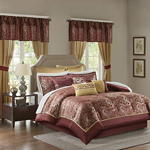 Madison Park Essentials Brystol 24 Piece Room in a Bag Faux Silk Comforter Jacquard Paisley Design Matching Curtains Down Alternative All Season Bedding-Set, Cal King(104"x92"), Red