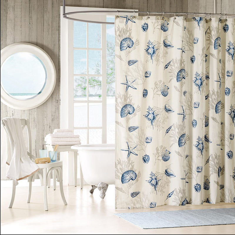 Home Outfitters Blue 100% Cotton Sateen Printed Shower Curtain 72x72", Shower Curtain for Bathrooms, Coastal