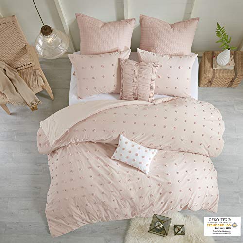 Urban Habitat Cotton Comforter Set-Tufts Pompom Design All Season Bedding, Matching Shams, Decorative Pillows, Twin/Twin XL, Brooklyn, Jacquard Pink 5 Piece