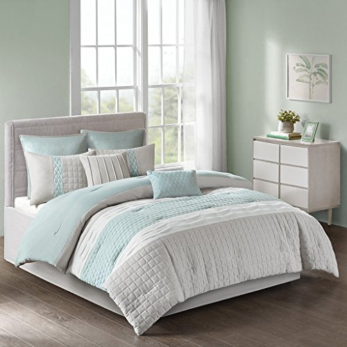 Tinsley 8 Piece Ultra Soft Quilted Comforter Set Bedding, Queen Size, Seafoam/Grey