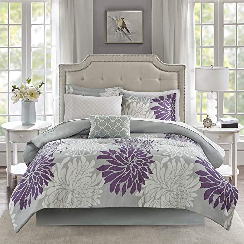Madison Park Essentials Maible Cozy Bed in A Bag Comforter with Complete Cotton Sheet Set-Floral Medallion Damask Design All Season Cover, Decorative Pillow, King (104 in x 92 in), Purple/Gray