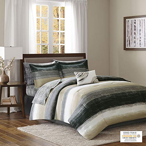 Madison Park Essentials Cozy Bed in a Bag Comforter, Vibrant Color Design All Season Down Alternative Cover with Complete Sheet Set, Queen(90"x90"), Stripe Taupe 9 Piece