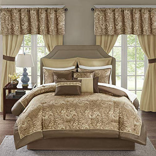 Madison Park Essentials Brystol 24 Piece Room in a Bag Faux Silk Comforter Jacquard Paisley Design Matching Curtains