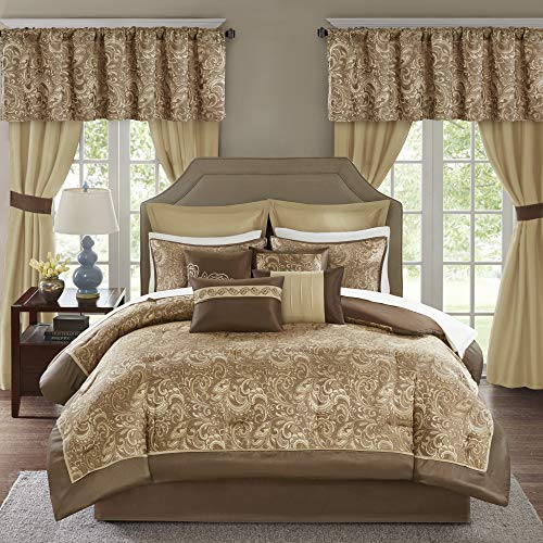 Madison Park Essentials Brystol 24 Piece Room in a Bag Faux Silk Comforter Jacquard Paisley Design Matching Curtains - Down Alternative Hypoallergenic All Season Bedding-Set, Brown Cal King(104"x92")