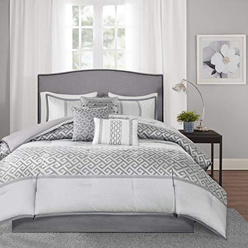 Madison Park Luxury Comforter Set-Traditional Jacquard Design All Season Down Alternative Bedding, Matching Bedskirt, Decorative Pillows, King(104"x92"), Bennett, Geometric Grey, 7 Piece
