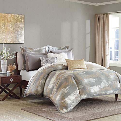 Madison Park Signature Graphix King Size Bed Comforter Duvet 2-In-1 Set Bed In A Bag - Grey, Silver , Metallic, Jacquard – 9 Piece Bedding Sets – Ultra Soft Microfiber Bedroom Comforters