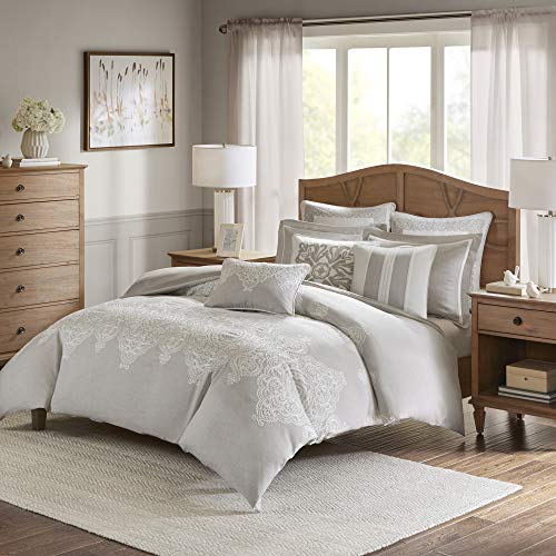 Madison Park Signature Cozy Comforter Set - Luxurious Bedding Style Combo Filled Insert, Removable Duvet Cover. Matching Shams, Decorative Pillows, King(110"x96"), Damask Natural 9 Piece