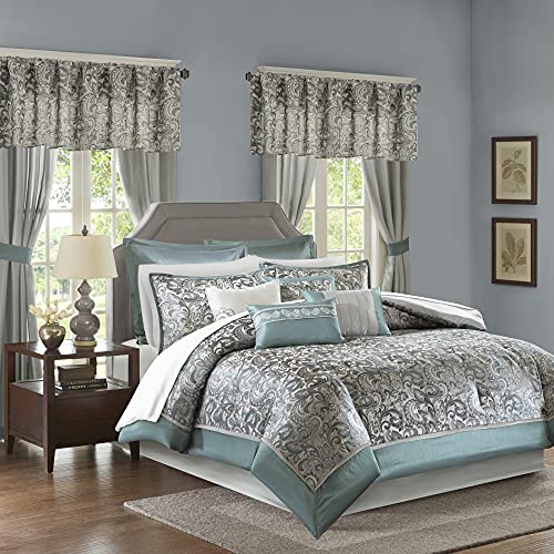 Madison Park Essentials Brystol 24 Piece Room in a Bag Faux Silk Comforter Jacquard Paisley Design Matching Curtains - Down Alternative Hypoallergenic All Season Bedding-Set, Teal Cal King(104"x92")
