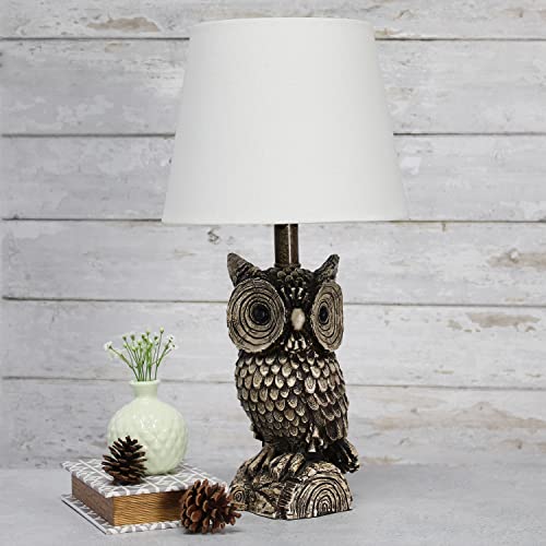 Simple Designs LT2098-WHT Woodland 19.85" Tall Contemporary Polyresin Gazing Brown & White Night Owl Bedside Table Desk Lamp w White Tapered Drum Shade for Decor,Bedroom,Kids&