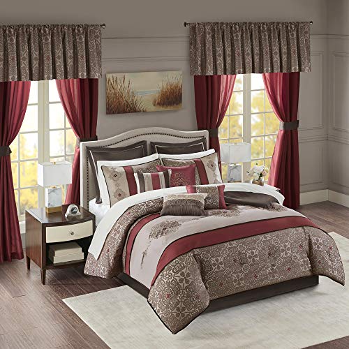 Madison Park Essentials 24-Piece Room In A Bag Comforter Set-Satin Jacquard, All Season Luxury Bedding, Sheets, decorative pillows and Curtains, Valance, Cal King(104"x92") Delaney, Medallion Red