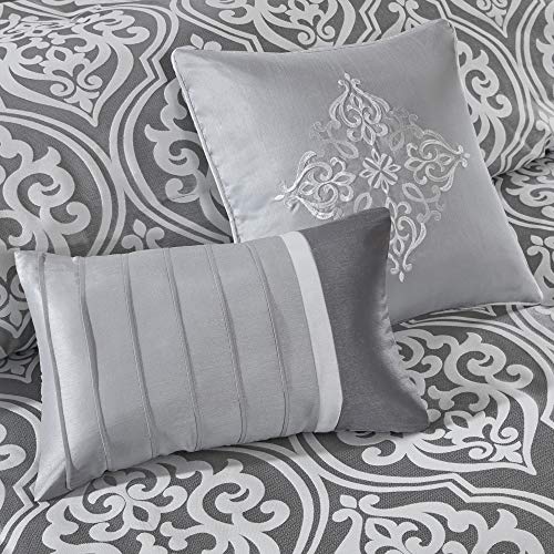 Madison Park Essentials Jordan Cozy Room in A Bag - Comforter & Complete Sheet Set, Window Treatment, Luxe Jacquard Damask Print, All Season Bedding, Pillows, Grey Queen(90"x90") 24 Piece