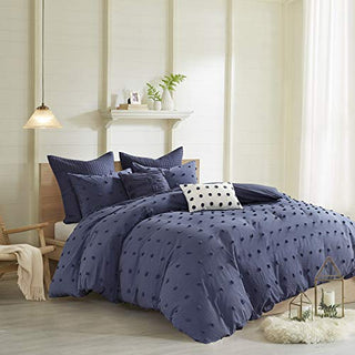 Urban Habitat Cotton Comforter Set-Tufts Pompom Design All Season Bedding, Matching Shams, Decorative Pillows, Twin/Twin XL, Brooklyn, Jacquard Indigo