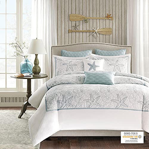 Harbor House Maya Bay Duvet Cover King Size - White, Blue , Embroidered Coastal Seashells, Starfish Duvet Cover Set – 3 Piece – 100% Cotton Light Weight Bed Comforter Covers