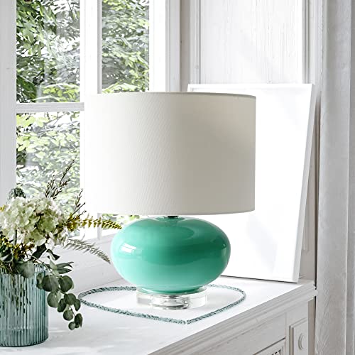 Lalia Home 15.25" Modern Ovaloid Glass Bedside Table Lamp with White Fabric Shade, Aqua