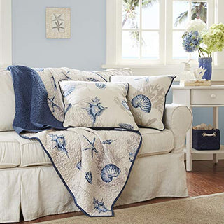 Madison Park Bayside Luxury Oversized Quilted Throw Ivory Navy BlueCoastal Premium Soft Cozy Microfiber For Bed
