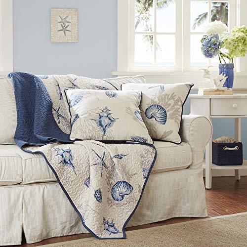 Madison Park Bayside Luxury Oversized Quilted Throw Ivory Navy Blue 60x70 Coastal Premium Soft Cozy Microfiber For Bed, Couch or Sofa