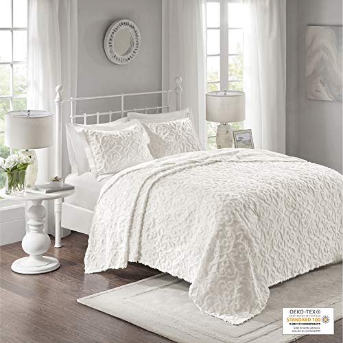 Madison Park Chenille Tufted 100% Cotton Quilt - All Season, Lightweight, Breathable Coverlet Bedspread Bedding Set, Matching Shams, Sabrina, Off White Oversized Full/Queen(102"x118") 3 Piece