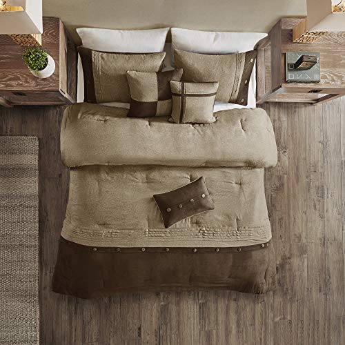 Madison Park Boone Comforter Set - Rustic Cabin Lodge Faux Suede Design, All Season Down Alternative Cozy Bedding with Matching Bedskirt, Shams, Decorative Pillow, Brown Queen(90"x90") 7 Piece