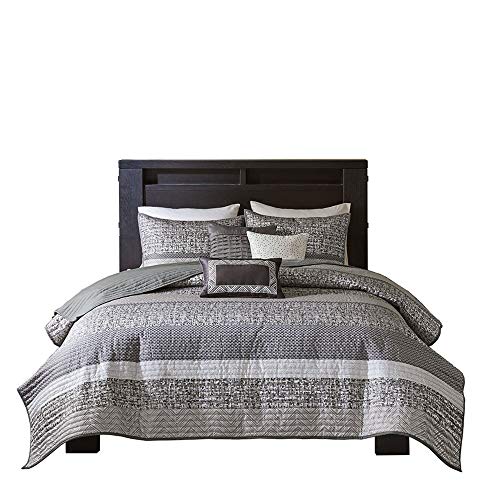 Madison Park Reversible Quilt Luxury Jacquard Design, All Season, Breathable Coverlet Bedspread Bedding Set, Matching Shams, Decorative Pillow, Full/Queen(90"x90"), Rhapsody, Grey/Taupe 6 Piece